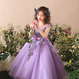 Prettyswomen- Kid Girls Prom Elegant Dress Tulle robe de Princess Tutu Piano Costume Purple Birthday Party Christmas Easter Host Dress Clothes