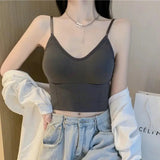 Prettyswomen-Womens Tank Top Sexy Sleeveless Crop Top Off Shoulder Camisole With Bra Chest Solid Color Camis Top Back Strap Cross Beauty Back