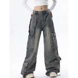 Prettyswomen-Women Blue Jeans Cargo Pants Streetwear High Waist American Wide Leg Pants Fashion Y2K Style Female Winter Straight Trousers