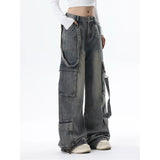 Prettyswomen-Women Blue Jeans Cargo Pants Streetwear High Waist American Wide Leg Pants Fashion Y2K Style Female Winter Straight Trousers