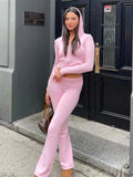 Prettyswomen Women Spring Outfits Casual Zipper Sweater Hoodie Set High Waist Flare Pants Suits Pink Knitted Womens Y2k Two Piece Set