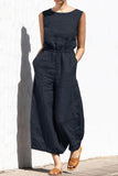 Prettyswomen Sleeveless Button-back Cotton Jumpsuits