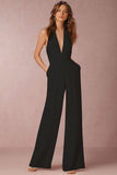 Prettyswomen Solid Color V Neck Halter Jumpsuits