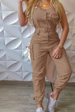 Prettyswomen Solid Sleeveless Belted Cargo Jumpsuits