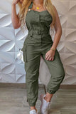 Prettyswomen Solid Sleeveless Belted Cargo Jumpsuits