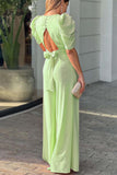 Prettyswomen V Neck Puff Sleeve Backless Bow Wide Leg Jumpsuit