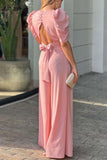 Prettyswomen V Neck Puff Sleeve Backless Bow Wide Leg Jumpsuit