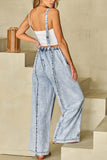 Prettyswomen Wash Frayed Wide Leg Denim Jumpsuits