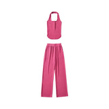 Prettyswomen Lia Solid Color Square Neck Wide Strap Ribbed Top + High Waist Straight Leg Pants Matching Set