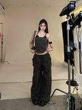 Prettyswomen Shaya Solid Color Dark Grey Bandeau Sleeveless Slim Cropped Top + High Wasit Multi-Pocket Straight Leg Baggy Cargo Pants Matching Set