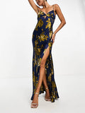 Prettyswomen Navy Printed Satin Lace Maxi Dress