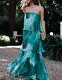 Prettyswomen Calista Green Bloom Strapless Tiered Maxi Dress