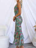 Prettyswomen Sweetheart Neck Strap Printed Pleated Mesh Maxi Dress