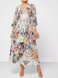 Prettyswomen Botonical Floral Printed V-Neck Chiffon Maxi Dress