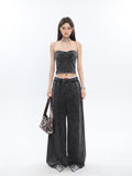 Prettyswomen Mina Vintage Grey Denim Bandeau Top + Straight Wide Leg Jeans Pants Matching Set