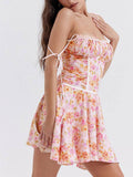 Prettyswomen Pleated Floral A-Hem Suspender Mini Dress