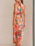 Prettyswomen Floral Halter Neck Elastic Waist Maxi Dress