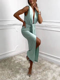 Prettyswomen Classic V-Neck Ruched Drape Slit Midi Dress