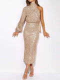 Prettyswomen Sequins Halterneck Asymmetry Midi Dress