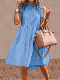 Prettyswomen Solid Color Ruffled Collar Sleeveless Casual Pleated Dress