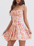 Prettyswomen Pleated Floral A-Hem Suspender Mini Dress