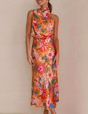 Prettyswomen Floral Halter Neck Elastic Waist Maxi Dress