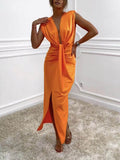 Prettyswomen Classic V-Neck Ruched Drape Slit Midi Dress