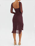 Prettyswomen Wine Ruffle Midi Dress