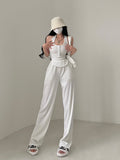 Prettyswomen Lia Solid Color Square Neck Wide Strap Ribbed Top + High Waist Straight Leg Pants Matching Set