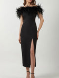 Prettyswomen One Shoulder Feather Midi Dress