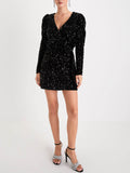 Prettyswomen Black Sequin Velvet Long Sleeve Wrap Mini Dress