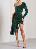 Prettyswomen Green Sequin Velvet One Shoulder Mini Dress