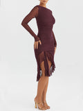 Prettyswomen Wine Ruffle Midi Dress