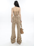 Prettyswomen Giana Brown Washed Heart Shape Old Vintage Denim Tank Top + Pleated Flared Pants Matching Set