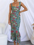 Prettyswomen Sweetheart Neck Strap Printed Pleated Mesh Maxi Dress