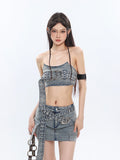 Prettyswomen Chrome Denim Heart Belt Bandeau Top + Denim Belt Wrap Mini Skirt + Denim Micro Flare Jeans Pants Matching Set