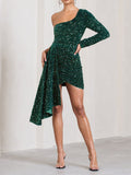 Prettyswomen Green Sequin Velvet One Shoulder Mini Dress