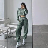 Prettyswomen Alice Solid Color Cropped Long Sleeve Sweatshirt High Waist Sweatpants Matching Set