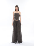 Prettyswomen Shaya Solid Color Dark Grey Bandeau Sleeveless Slim Cropped Top + High Wasit Multi-Pocket Straight Leg Baggy Cargo Pants Matching Set