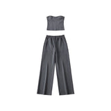 Prettyswomen Kiza Solid Color Fishbone Sleeveless Bandeau Top + High Waist Straight Leg Suit Pants Matching Set