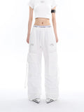 Prettyswomen Sia Solid Color White Slim Short Sleeve Cropped Top + High Waist Baggy Multi-Pocket Cargo Pants Matching Set