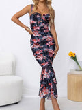 Prettyswomen Sweetheart Neck Strap Printed Pleated Mesh Maxi Dress