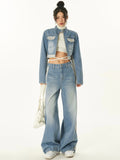 Prettyswomen Dallas Patchwork Denim Blue Cropped Jeans Jacket High Waist Straight Leg Denim Jeans Pants Matching Set