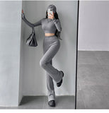 Prettyswomen Alias Solid Color Ribbed Slim Long Sleeve Cropped Top High Waist Pants Matching Set