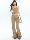 Prettyswomen Giana Brown Washed Heart Shape Old Vintage Denim Tank Top + Pleated Flared Pants Matching Set