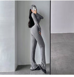 Prettyswomen Alias Solid Color Ribbed Slim Long Sleeve Cropped Top High Waist Pants Matching Set