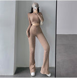 Prettyswomen Alias Solid Color Ribbed Slim Long Sleeve Cropped Top High Waist Pants Matching Set