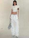 Prettyswomen Sia Solid Color White Slim Short Sleeve Cropped Top + High Waist Baggy Multi-Pocket Cargo Pants Matching Set