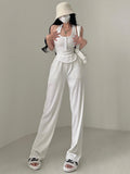 Prettyswomen Lia Solid Color Square Neck Wide Strap Ribbed Top + High Waist Straight Leg Pants Matching Set