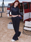 Prettyswomen BeerBro Navy Blue American Spice Girls Polo Neck Knit Top Button Up Casual Wide Leg Pants Matching Set